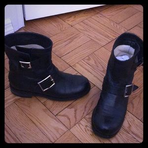Jimmy Choo black leather booties with gold buckles